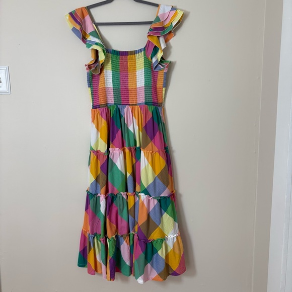 Crown Ivy Rainbow Plaid Smocked Tiered Ruffle Midi Dress L Boho Vacation Resort - Picture 3 of 16